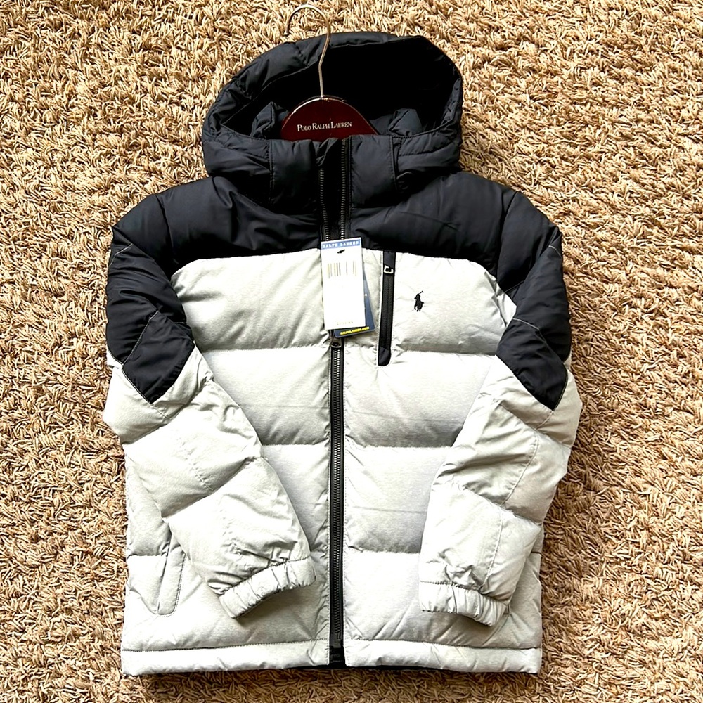 NWT!  Size 7 Polo Ralph Lauren boys winter jacket. Light grey and navy blue.